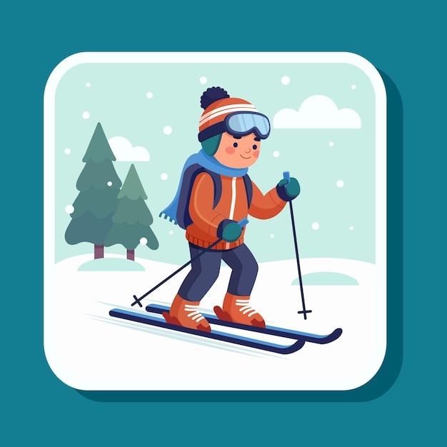 Young man at winter sport skiing Colorful cartoon character man skier Poster with smiling happy man on winter weekend Picture card with ski activity on snowy blue background Vector illustration