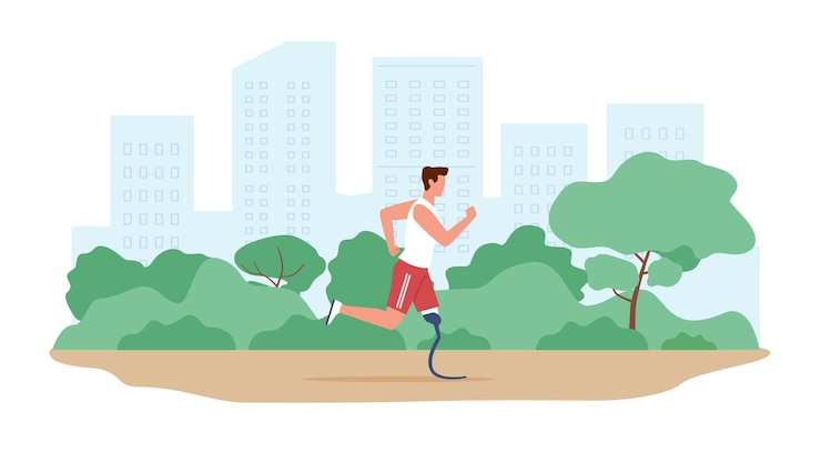 Vector young man with an amputated leg runs in city park in fresh air sportsman character with prosthetic legs jogging outdoors healthy lifestyle cartoon flat isolated illustration vector concept