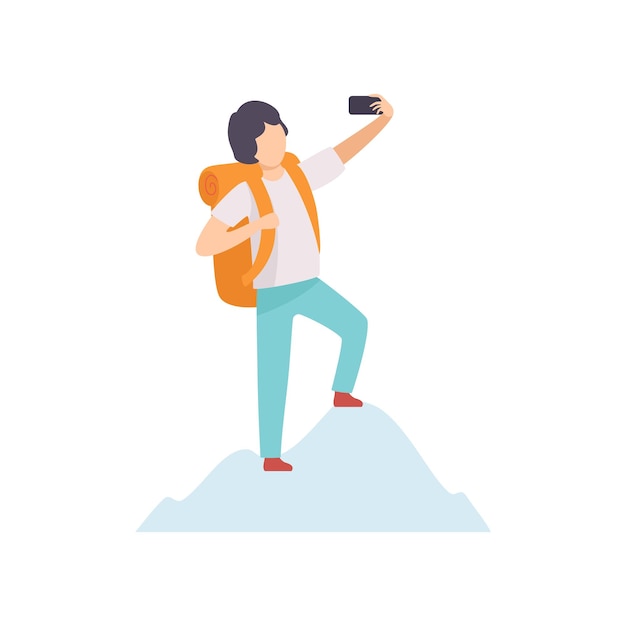 Young Man with Backpack Taking Selfie Photo on Smartphone while Standing on Top of Mountain Guy Making Photo or Video for Social Media Using Modern Gadget Vector Illustration on White Background