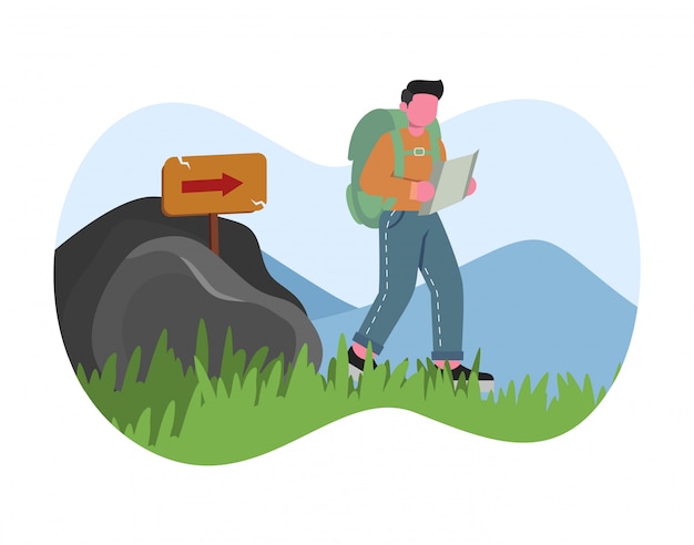 Vector young man with backpack walking and look for hiking trails look for hiking trails flat design illustration