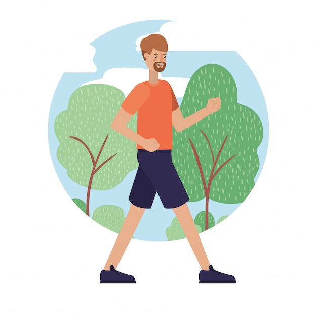 Vector young man with beard running on the park