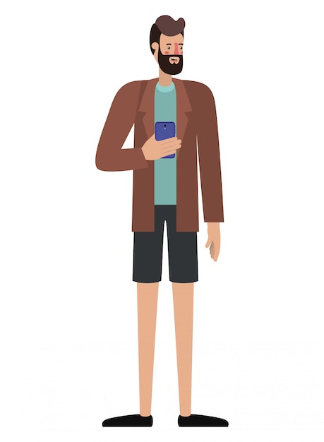 young man with beard and smartphone