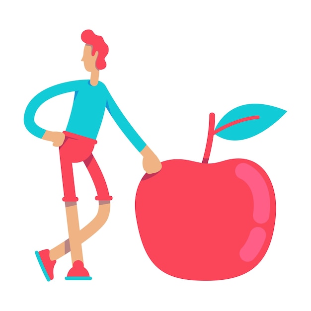 Vector young man with big red apple semi flat color vector character