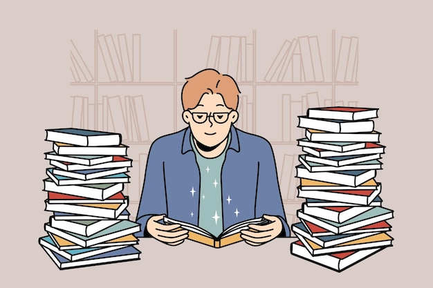 Young man with book pile reading and studying