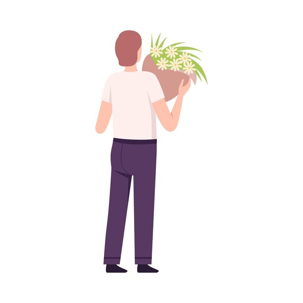 Young Man with Bouquet of White Flowers Back View Flat Vector Illustration