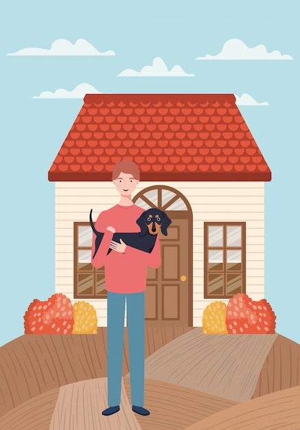 Vector young man with cute dog mascot in the autumn city scene