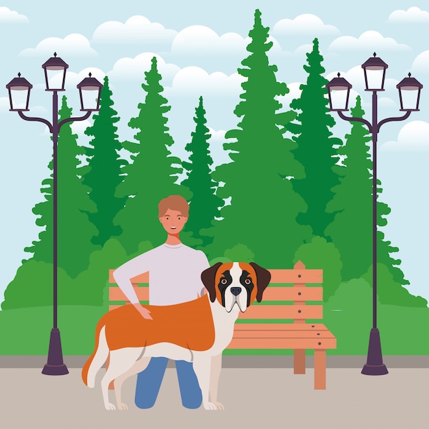 Young man with cute dog mascot in the park