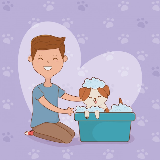 Vector young man with cute dog mascot