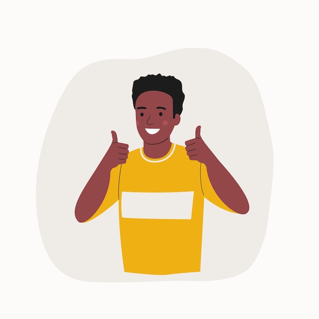 Young man with dark skin shows a thumbs up gesture ok sign vector flat style cartoon illustration