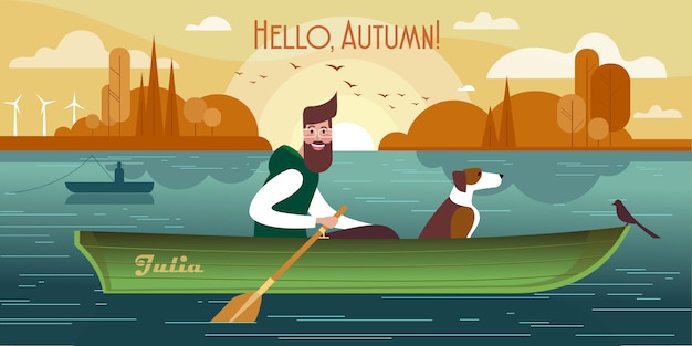 Young man with a dog in a boat.  of autumn fishing