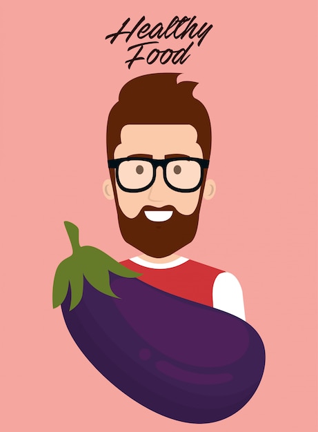 Young man with eggplant healthy food