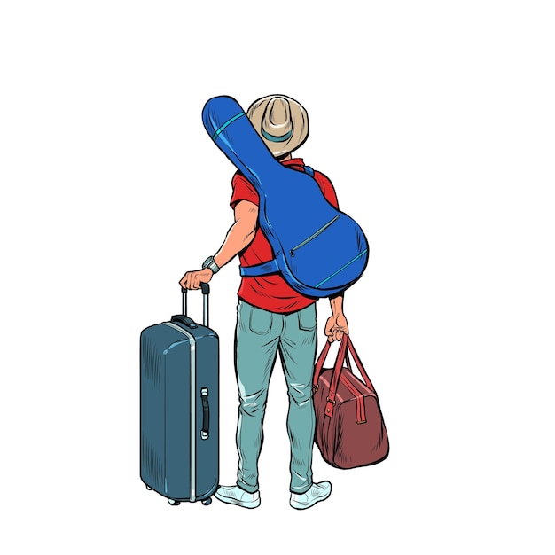 A young man with a guitar is a traveler flying on tour luggage at the airport creative trip