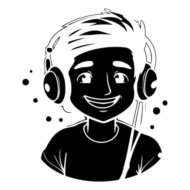 Vector young man with headphones vector illustration on a dark blue background