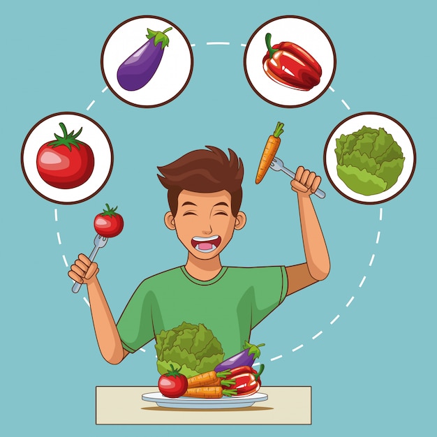 Young man with healthy food round icons