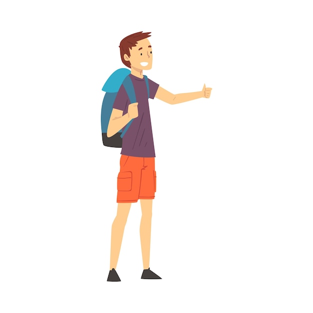 Vector young man with hiking backpack standing on the road hitchhiking vector illustration