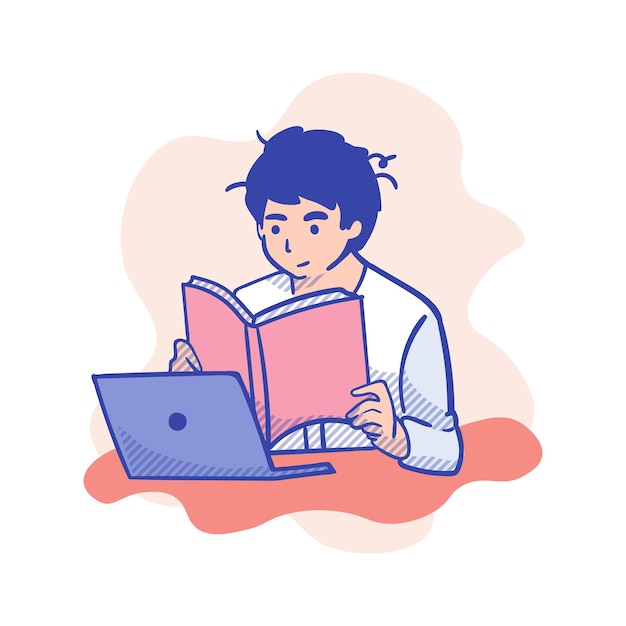 Young man with laptop and book Vector illustration in flat style