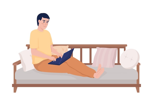 Вектор Молодой человек с ноутбуком сидит на диване, удобно полуплоский цветной векторный характер