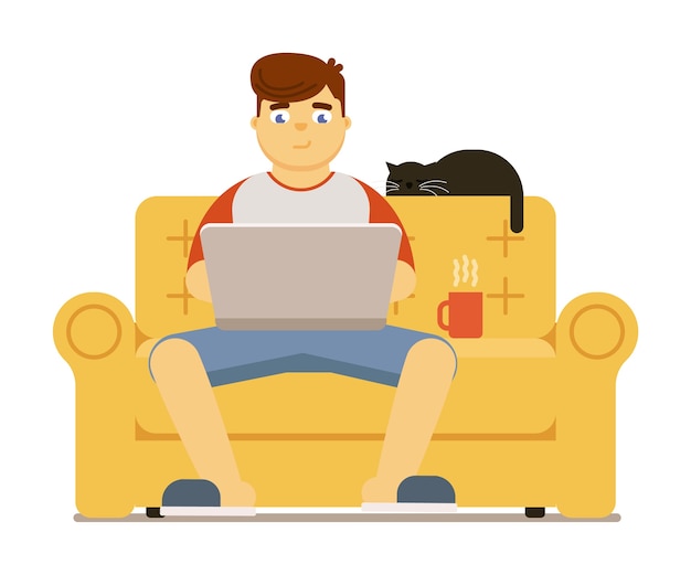 Young man with laptop sitting on sofa at home illustration isolated on white background