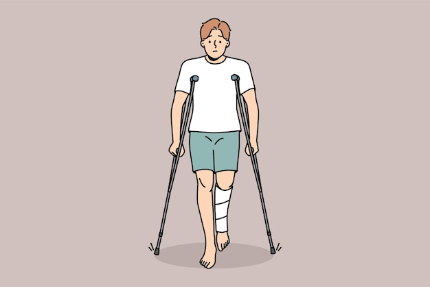 Vector young man with leg injury walk on crutches