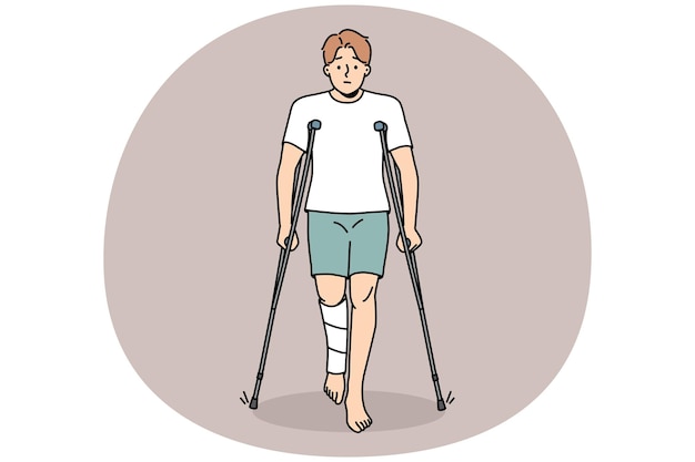 Vector young man with leg injury walk on crutches