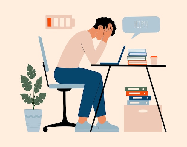 ベクトル エネルギーの低い若い男性は、ノートパソコンを持ってテーブルのそばに座り、働き過ぎで、助けと休息が必要です。バーンアウト