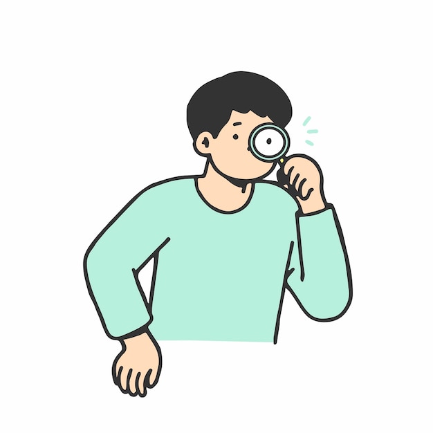 Young man with magnifying glass. Search engine concept Hand drawn style vector illustration.