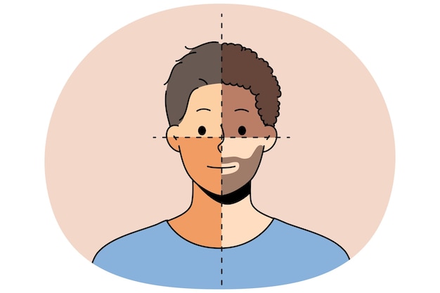 Vector young man with parts of different face skin color