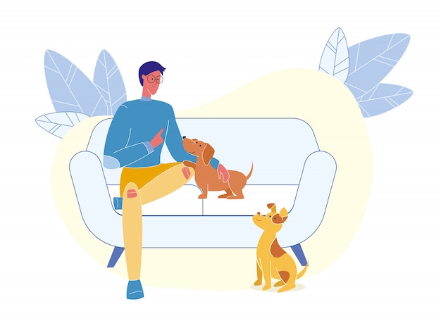 Vector young man with puppies flat vector illustration