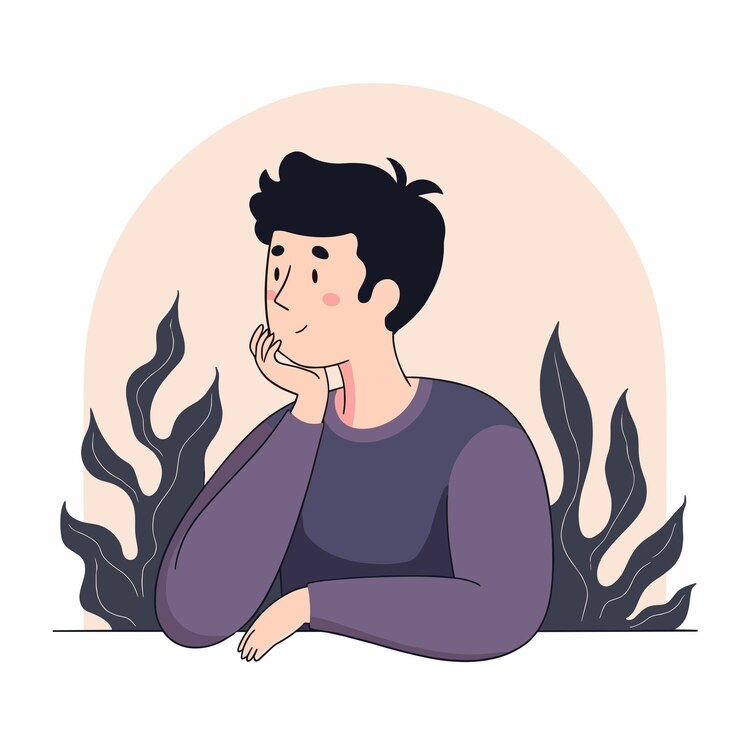 Vector young man with short black hair sitting and thinking with a dreamy expression