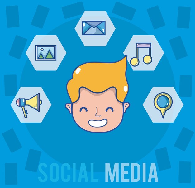 young man with social media symbols cartoons 