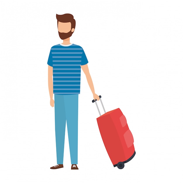 Vector young man with suitcase travel