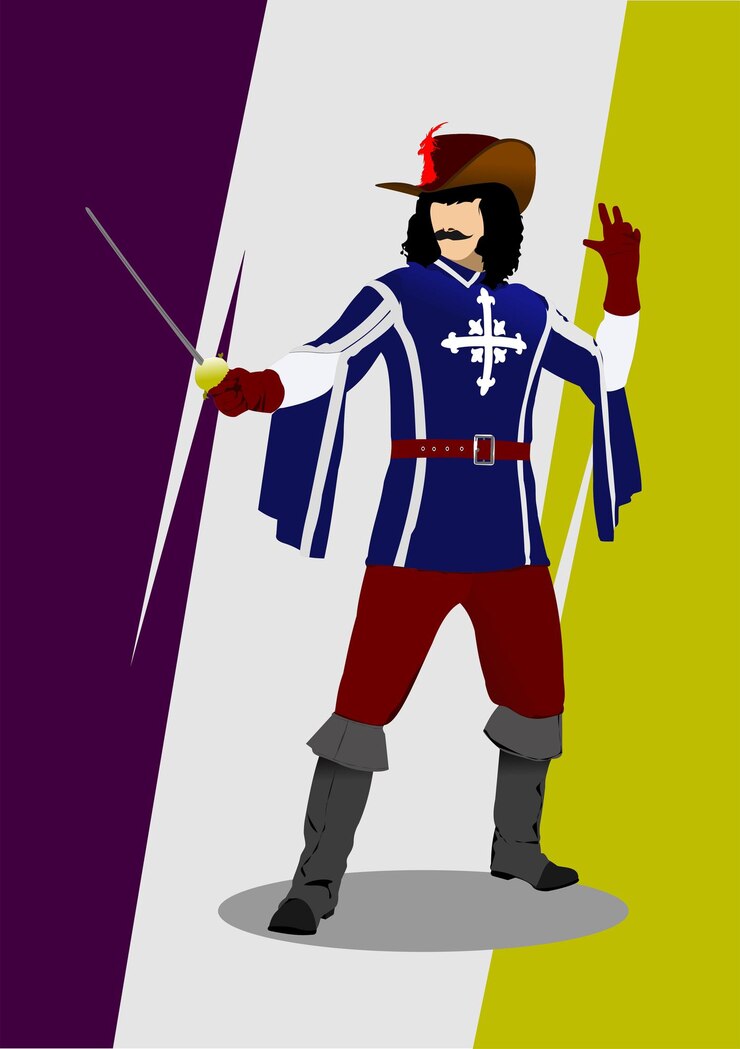 Vector young man with a sword dressed as musketeer 3d vector hand drawn color illustration