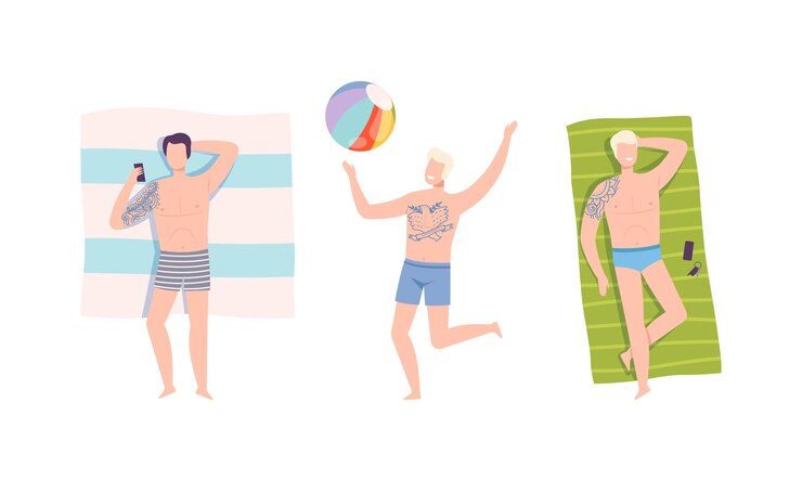 Vector young man with tattoo wearing swimming suit lying on blanket on beach and playing ball vector set