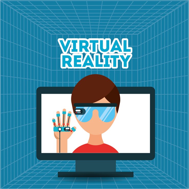 Vector young man with virtual reality glasses wired glove on screen