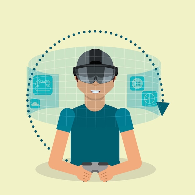 Vector young man with virtual reality goggles and hologram