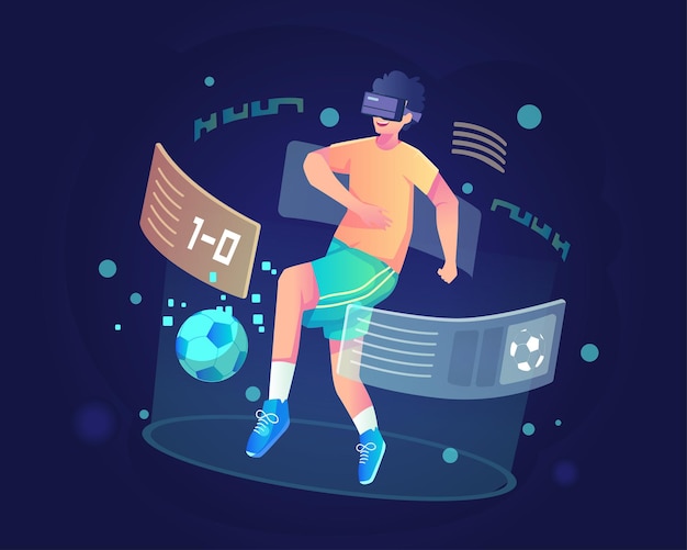 Vector a young man with a vr headset playing a virtual football simulator in metaverse illustration