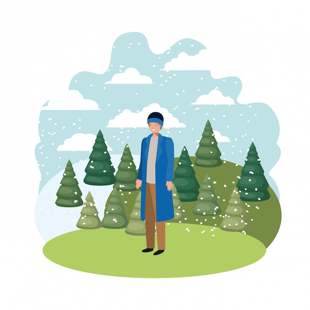 Vector young man with winter clothes and winter pine