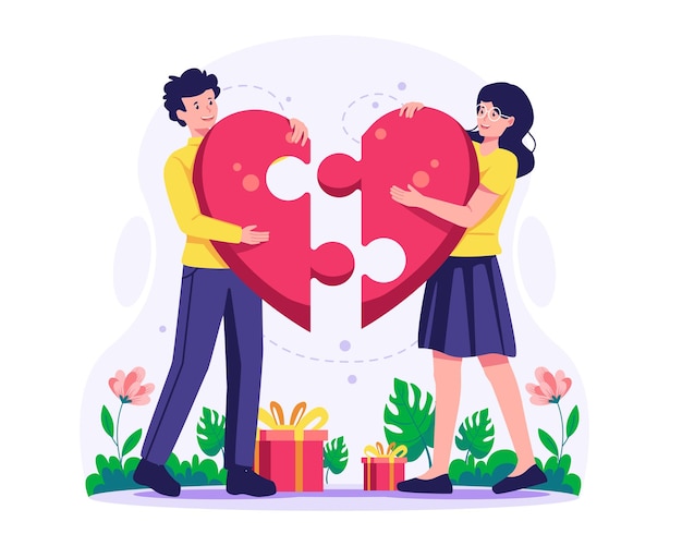 Vector a young man and woman are holding pieces of a red heart shape that is matching illustration