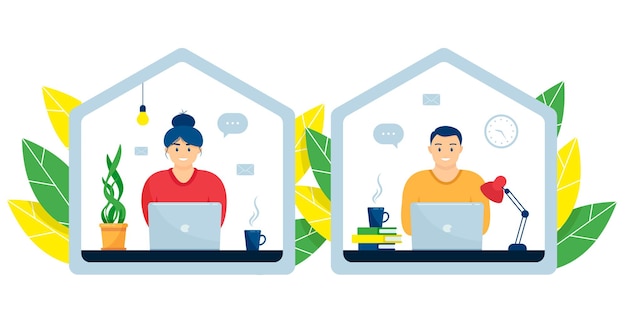 Vector a young man and woman are sitting with a laptop. concept of remote work from home, freelance, distance education