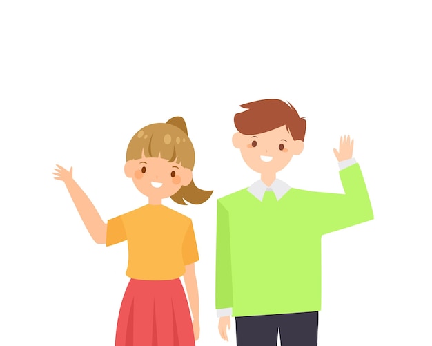 Vector young man and woman are standing and wave their hands