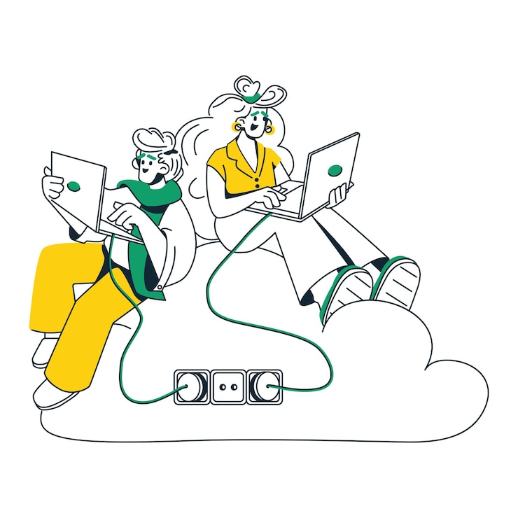Vector young man and woman connected to cloud wallet