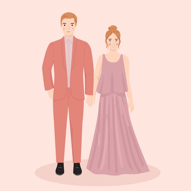 Young man and woman, couple bride and groom in wedding, formal dress. trendy vector illustration