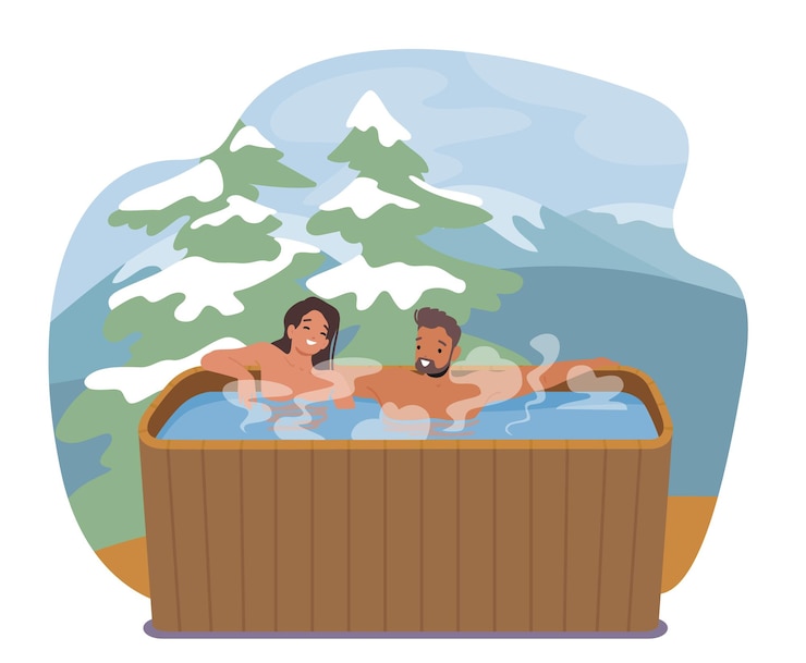 Vector young man and woman couple sitting in wooden bath with water taking sauna and spa water procedures at mountain resort. relaxation, body care, wellness, honeymoon. cartoon people vector illustration