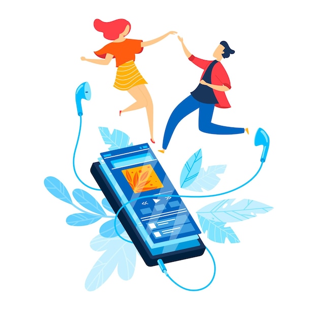 Young man and woman dancing to music from smartphone vibrant colors modern design music app