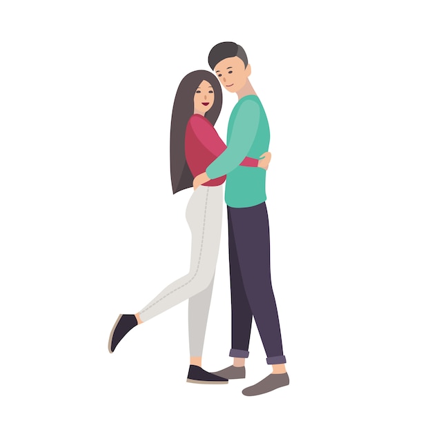 Vector young man and woman dressed in modern casual clothing standing together and embracing