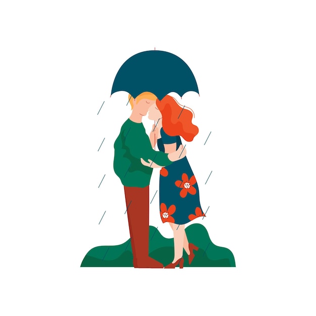 Young Man and Woman Embracing and Kissing under Umbrella Romantic Couple Walking in Rain Happy Lovers on Date Vector Illustration on White Background