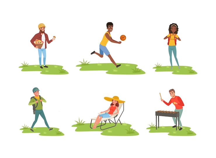 Vector young man and woman enjoying camping activity hiking with backpack lounging cooking shashlik on grill picking mushrooms and playing ball vector set