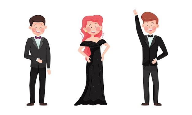young man and woman in evening dress and dinner jacket waving hand vector set