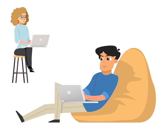 Young Man and Woman Freelancers Working with Laptop sitting in Armchair