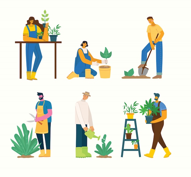 Vector young man and woman gardener holding a flower pot.